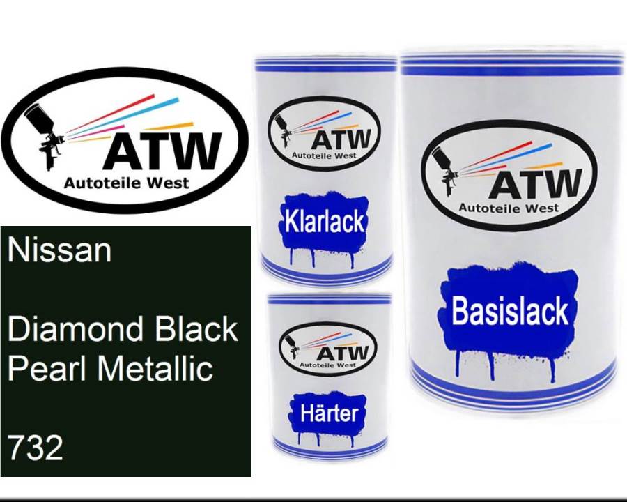 Nissan, Diamond Black Pearl Metallic, 732: 500ml Lackdose + 500ml Klarlack + 250ml Härter - Set, von ATW Autoteile West.